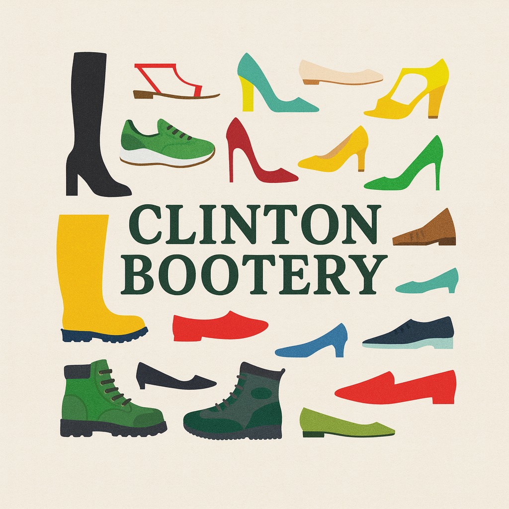 Clinton Bootery artwork with colorful shoes surrounding the store name